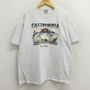 XL/古着 ヘインズ 半袖 ビンテージ Tシャツ メンズ 00s カリフォルニア 灯台 イルカ 魚 クルーネック 薄グレー 霜降り 23may02 中古