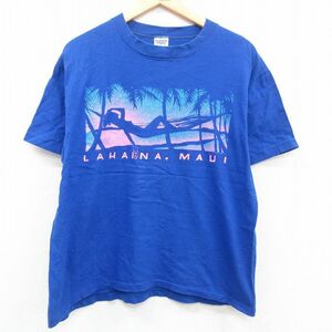 L/古着 半袖 ビンテージ Tシャツ メンズ 80s ヤシの木 コットン クルーネック 青 ブルー spe 23may08 中古