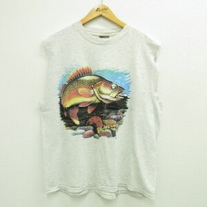 L/古着 ビンテージ ノースリーブ Tシャツ メンズ 90s 魚 RENEGADE コットン クルーネック 薄グレー 霜降り 23jul14 中古