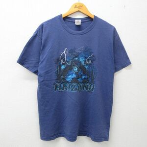 L/古着 半袖 ビンテージ Tシャツ メンズ 00s アリゾナ オオカミ サンダー コットン クルーネック 紺 ネイビー 23mar06 中古