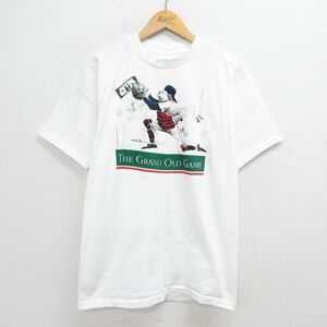 M/古着 半袖 ビンテージ Tシャツ メンズ 90s ベースボール キャッチャー グランドオールドゲーム コットン クルーネック 白 ホワイト s