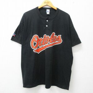 XL/古着 ラッセル 半袖 ビンテージ Tシャツ メンズ 90s MLB ボルチモアオリオールズ 大きいサイズ ヘンリーネック 黒 ブラック メジャ