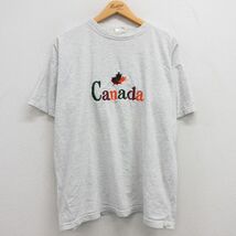XL/古着 半袖 ビンテージ Tシャツ メンズ 90s カナダ 刺繍 大きいサイズ コットン クルーネック 薄グレー 霜降り 23may09 中古_画像1