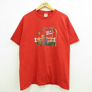 XL/古着 半袖 ビンテージ Tシャツ メンズ 90s クマ 星条旗 コットン クルーネック 赤 レッド 23jul19 中古