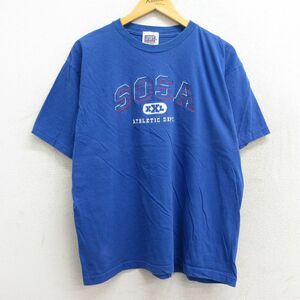 XL/古着 半袖 ビンテージ Tシャツ メンズ 90s SOSA 刺繍 コットン クルーネック 青 ブルー 23mar30 中古