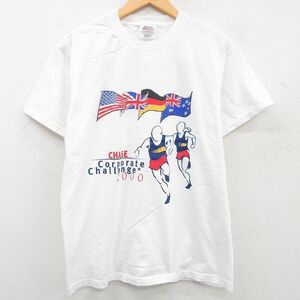 M/古着 ヘインズ 半袖 ビンテージ Tシャツ メンズ 00s 星条旗 マラソン 国旗 コットン クルーネック 白 ホワイト 23may06 中古