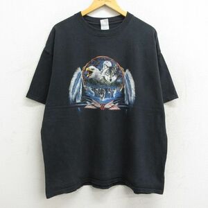 XL/古着 半袖 ビンテージ Tシャツ メンズ 00s オオカミ 鳥 大きいサイズ コットン クルーネック 黒 ブラック 23may29 中古