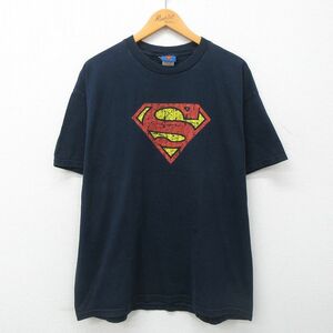 XL/古着 半袖 ビンテージ Tシャツ メンズ 00s DCコミックス スーパーマン コットン クルーネック 紺 ネイビー 23apr12 中古