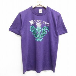M/古着 半袖 ビンテージ Tシャツ メンズ 80s スコットランド クルーネック 紫 パープル 23jul01 中古