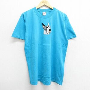 XL/古着 半袖 ビンテージ Tシャツ メンズ 00s 犬 手縫い刺繍 コットン クルーネック 水色 23may18 中古