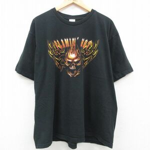 XL/古着 半袖 ビンテージ Tシャツ メンズ 00s スカル FLAMIN HOT 大きいサイズ コットン クルーネック 黒 ブラック 23may23 中古