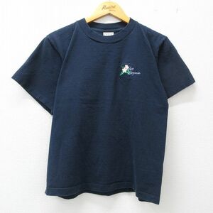 L/古着 半袖 ビンテージ Tシャツ メンズ 90s 花 ウエストバージニア コットン クルーネック 紺 ネイビー 23may27 中古