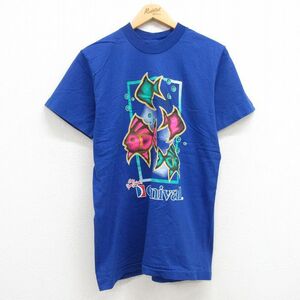 M/古着 半袖 ビンテージ Tシャツ メンズ 90s 魚 カーニバル コットン クルーネック 青 ブルー 23jun08 中古