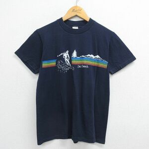 S/古着 半袖 ビンテージ Tシャツ メンズ 80s スキー コットン クルーネック 紺 ネイビー 23jun19 中古