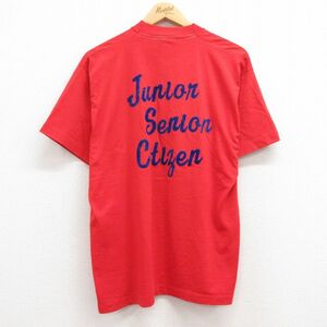 XL/古着 半袖 ビンテージ Tシャツ メンズ 80s Junior フロッキープリント クルーネック 赤 レッド 23jun14 中古