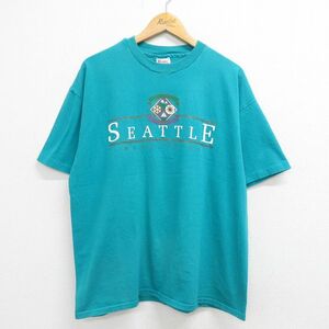 XL/古着 ヘインズ 半袖 ビンテージ Tシャツ メンズ 00s シアトル ワシントン 大きいサイズ コットン クルーネック 青緑 23jul13 中古