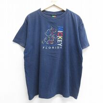 XL/古着 半袖 ビンテージ Tシャツ メンズ 90s ディズニー ミッキー フロリダ 刺繍 コットン クルーネック 紺 ネイビー spe 23jun26 中_画像1