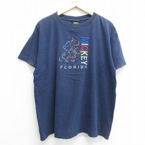 XL/古着 半袖 ビンテージ Tシャツ メンズ 90s ディズニー ミッキー フロリダ 刺繍 コットン クルーネック 紺 ネイビー spe 23jun26 中