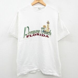 L/古着 ヘインズ 半袖 ビンテージ Tシャツ メンズ 90s フロリダ 灯台 コットン クルーネック 白 ホワイト 23jul24 中古