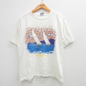 L/古着 半袖 ビンテージ Tシャツ メンズ 90s 海 ヨット バミューダ コットン クルーネック 白 ホワイト 23jul24 中古