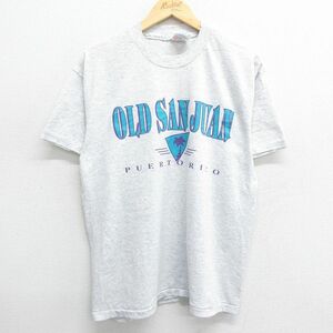 L/古着 ヘインズ 半袖 ビンテージ Tシャツ メンズ 90s プエルトリコ オールドサンファン ヤシの木 クルーネック 薄グレー 霜降り 23aug