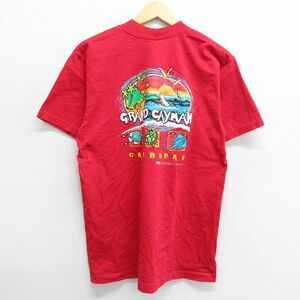 L/古着 半袖 ビンテージ Tシャツ メンズ 90s グランドケイマン カリブ海 魚 カメ ヨット コットン クルーネック 赤 レッド 23aug28 中