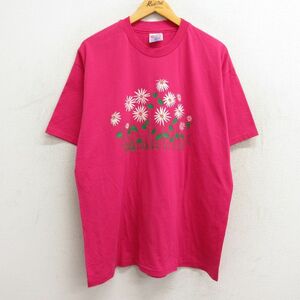 XL/古着 ヘインズ 半袖 ビンテージ Tシャツ メンズ 90s 花 クルーネック 濃ピンク 23sep11 中古