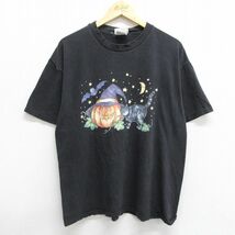 L/古着 ベーシックエディションズ 半袖 ビンテージ Tシャツ メンズ 00s ネコ カボチャ ハロウィン コットン クルーネック 黒 ブラック_画像1