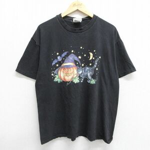 L/古着 ベーシックエディションズ 半袖 ビンテージ Tシャツ メンズ 00s ネコ カボチャ ハロウィン コットン クルーネック 黒 ブラック