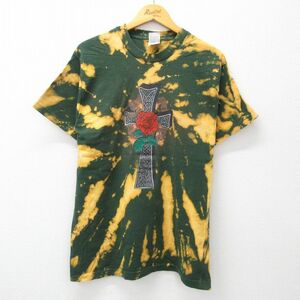 L/古着 半袖 ビンテージ Tシャツ メンズ 90s バラ 十字架 コットン クルーネック 緑他 グリーン ブリーチ加工 spe 23aug09 中古