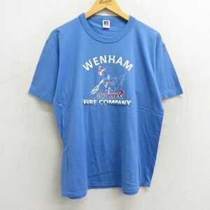 L/古着 ラッセル 半袖 ビンテージ Tシャツ メンズ 80s ニワトリ ブルドーザー ウェナム クルーネック 薄紺 ネイビー spe 23aug07 中古