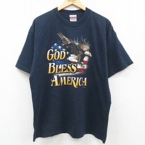 XL/古着 半袖 ビンテージ Tシャツ メンズ 00s 鳥 星条旗 コットン クルーネック 紺 ネイビー 23aug07 中古