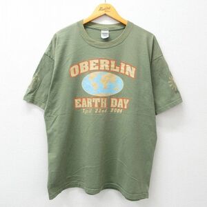 XL/古着 半袖 ビンテージ Tシャツ メンズ 00s オバーリン アースデイ 地球 大きいサイズ コットン クルーネック 緑系 グリーン 23aug31