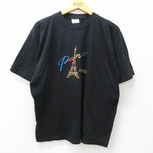 XL/古着 半袖 ビンテージ Tシャツ メンズ 00s パリ エッフェル塔 刺繍 コットン クルーネック 黒 ブラック 23aug02 中古