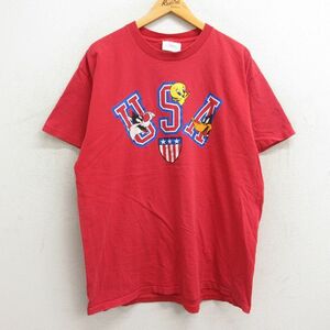 XL/古着 半袖 ビンテージ Tシャツ メンズ 90s ルーニーテューンズ シルベスター 大きいサイズ コットン クルーネック 赤 レッド spe 23