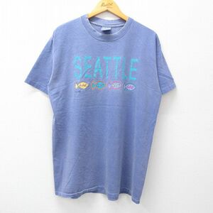 XL/古着 半袖 ビンテージ Tシャツ メンズ 90s 魚 シアトル コットン クルーネック 薄紺系 ネイビー 23sep09 中古