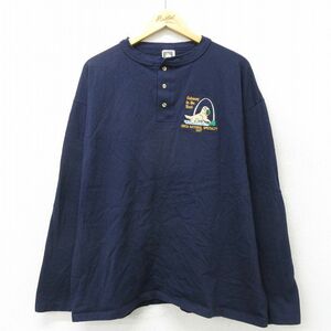 XL/古着 長袖 ビンテージ Tシャツ メンズ 90s 犬 大きいサイズ コットン ヘンリーネック 紺 ネイビー 23sep01 中古