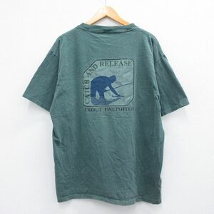 XL/古着 半袖 ビンテージ Tシャツ メンズ 90s キャッチアンドリリース 釣り 大きいサイズ コットン クルーネック 緑 グリーン 23jun29