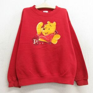 古着 長袖 スウェット キッズ ボーイズ 子供服 90s ディズニー くまのプーさん クルーネック 赤 レッド 23nov28