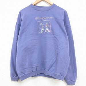 L/古着 長袖 スウェット メンズ 90s サンマウンテン 木 刺繍 コットン クルーネック 薄紫 パープル 23dec04 中古 スエット トレーナー