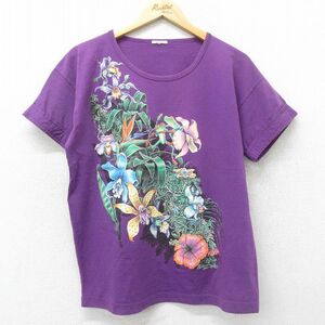 L/古着 半袖 ビンテージ Tシャツ メンズ 90s カエル 花 クルーネック 紫 パープル 24mar13 中古