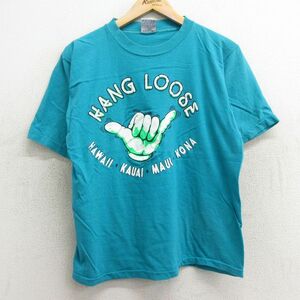 M/古着 半袖 ビンテージ Tシャツ メンズ 90s ハングルース ハワイ コットン クルーネック 青緑 spe 24mar13 中古