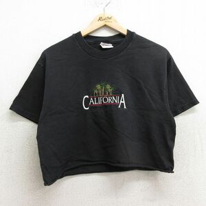 M/古着 ヘインズ 半袖 ビンテージ Tシャツ メンズ 00s カリフォルニア ヤシの木 刺繍 ショート丈 コットン クルーネック 黒 ブラック 24mar