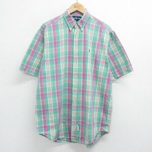 XL/古着 ラルフローレン 半袖 ブランド シャツ メンズ 90s ワンポイントロゴ コットン ボタンダウン 緑他 グリーン チェック 24mar13 中古