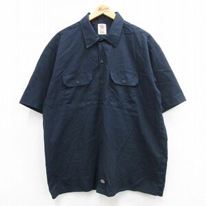 XL/古着 ディッキーズ Dickies 半袖 ワーク シャツ メンズ 大きいサイズ ロング丈 紺 ネイビー 24mar13 中古 トップス