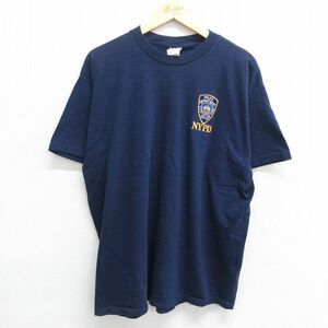 XL/古着 フルーツオブザルーム 半袖 ビンテージ Tシャツ メンズ 00s NY PD ニューヨーク警察 コットン クルーネック 紺 ネイビー 24mar15