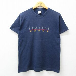 M/古着 フルーツオブザルーム 半袖 ビンテージ Tシャツ メンズ 90s シアトル 星 刺繍 コットン クルーネック 紺 ネイビー 24mar16 中古