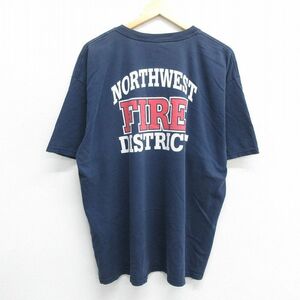 XL/古着 半袖 ビンテージ Tシャツ メンズ 00s 消防士 FIRE 胸ポケット付き 大きいサイズ コットン クルーネック 紺 ネイビー 24mar16 中古