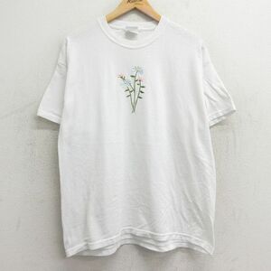 古着 ヘインズ 半袖 ビンテージ Tシャツ レディース 00s 花 刺繍 クルーネック 白 ホワイト 24mar16 中古