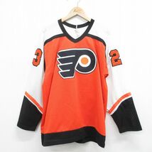 L/古着 長袖 ビンテージ Tシャツ アイスホッケージャージ メンズ 80s NHL フィラデルフィアフライヤーズ Vネック メッシュ地 オレンジ ユニ_画像1